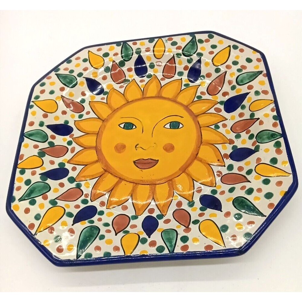 Mexican Art Pottery 12" Octagonal Lead Free Platter Redware Sun Flower Design
